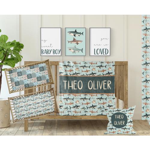 Shark Nursery Decor and Crib Bedding, Personalized Baby Boy Shower Gift Shark Theme