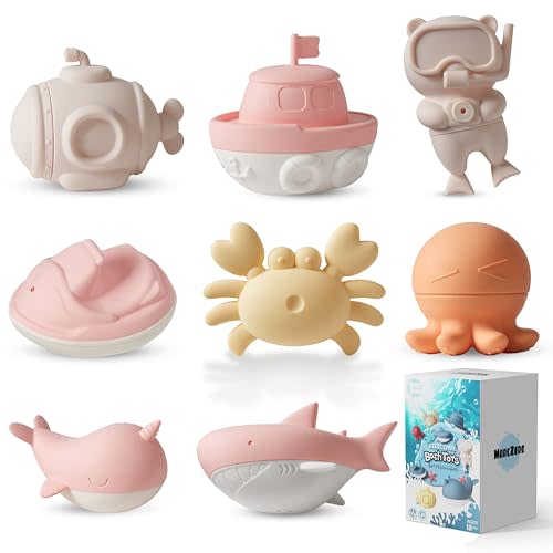 MarcZero Ocean Silicone Bath Toys 8Pcs for Toddlers Kids Babies,Bathtub Water Toys,Soft Squeezable Easy-Grip Pool Toys Set (Pink)
