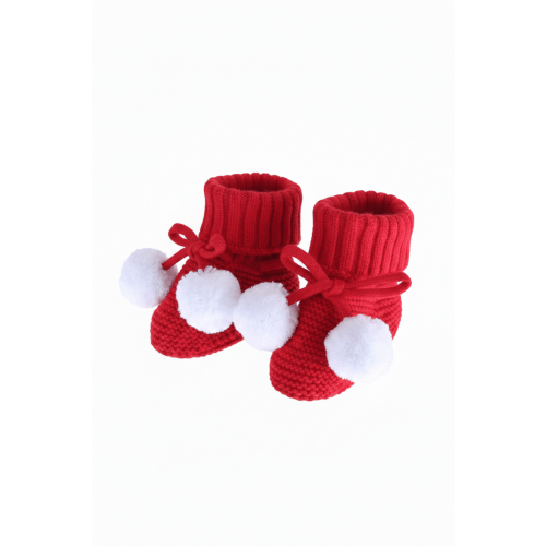 Knit Pom Pom Baby Booties in Red | Caden Lane