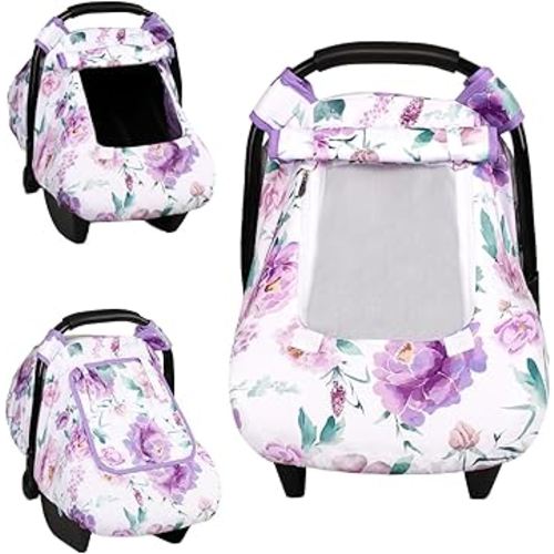 Car Seat Cover Baby, HNHUAMING Infant Car Seat Covers Canopy for Baby Girl Boy, Cozy & Windproof Newborn Carseat Covers Minky Dot Backing Stroller Cover with Breathable Mesh Window, Purple Flower