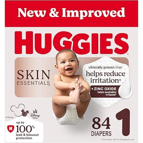 Huggies Size 1 Diapers, Skin Essentials Baby Diapers, Size 1 (8-14 lbs), 84 Count, Packaging May Vary