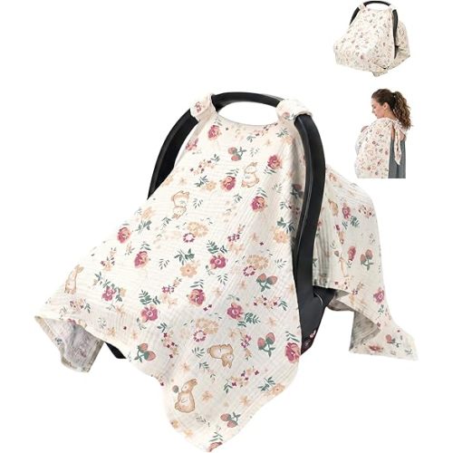 Metplus Muslin Car Seat Cover Baby & Nursing Cover, Soft Breathable Infant Carseat Covers for Summer, Windproof Car Seat Canopy for Boys Girls (Cute Rabbit)