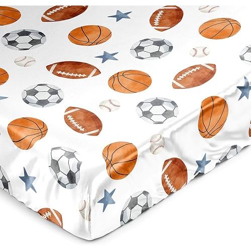 Sweet Jojo Designs Sports Theme Boy Baby Satin Fitted Crib Sheet Infant Newborn Nursery Toddler Bed Room Standard Mattress Watercolor Vintage Sport Soccer Balls Football Baseball Basketball Blue Stars