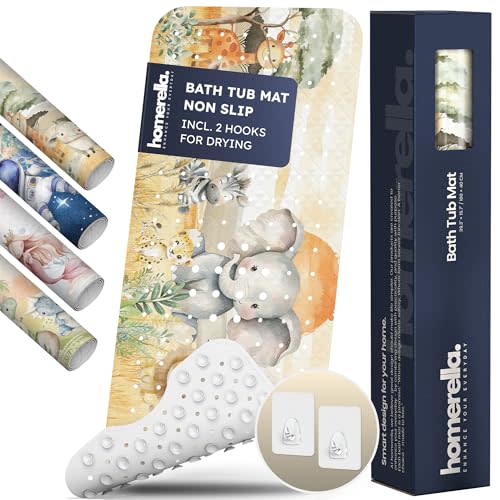 Homerella Baby Bath Tub Mat | Anti Mold Mildew Resistant Non Slip Kids and Adult Bath Tub Shower Mats | 40x16 inch Long with Suction Cups for Secure Grip Hooks for Storage & Drying | Machine Washable