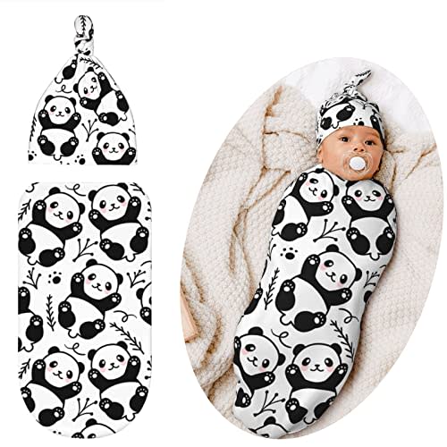 Panda Baby Stuff Swaddle Blanket with Hat Set Swaddles Up New Born Soft Transition Receiving Blanket Sleep Sacks for Infant Boys Girls 0-6Mth