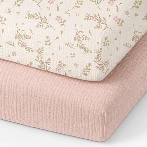 Organic Pack and Play Sheets Fitted 38”x26” 100% Muslin Cotton, Mini Crib Sheets Compatible with Graco/hiccapop/YENING/Dream On Me/Babylicious Pack N Play Mattress, Playard Bedding Sheet Bed Cover