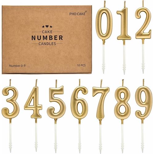 PHD CAKE 10-Pieces Champagne Gold Number Birthday Candles, Cake Numeral Candles Number 0-9 Glitter Cake Topper Decoration for Birthday,Wedding Anniversary,Party Celebration