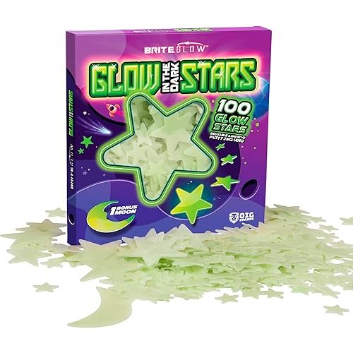 OIG Brands 100 PK Green Glow in The Dark Stars for Ceiling Easter Basket Stuffers for Kids - Star Brite Plastic Glow Stars with Moon & Putty Ages 4,5,6,7,8,9,10,11,12 for Bedroom Space Night Light