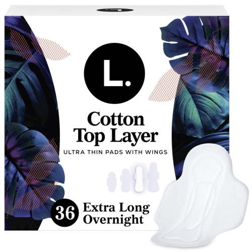 L. Ultra Thin Pads for Women, Organic Cotton Top Layer, Overnight Absorbency, Menstrual Pads with Wings, 36 Count