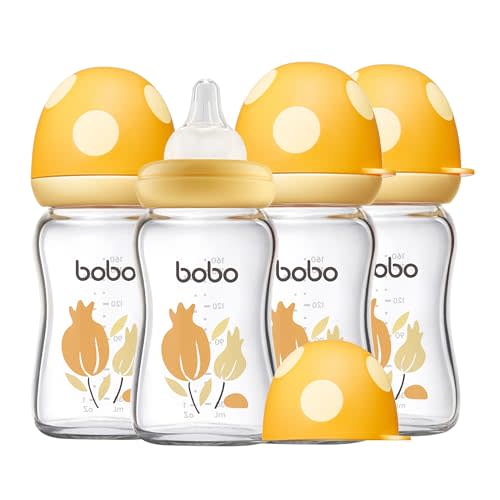 YOHKOH Natural Glass Baby Bottle with Level 1 Slow Flow Nipple, Newborn Anti-Colic Baby Bottles, Wide Neck Mushroom Baby Glass Bottle (Yellow, (5.4oz (Pack of 4))