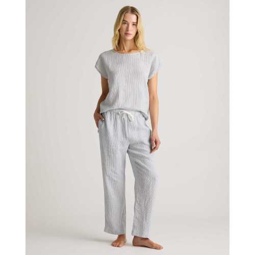 100% European Linen Pajama Set in Blue Pinstripe