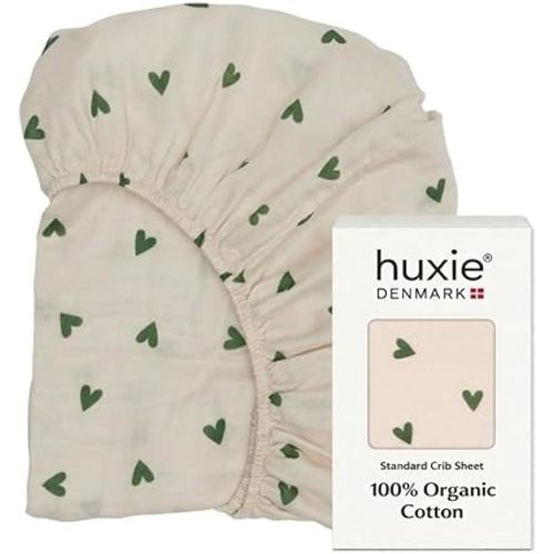 Crib Sheets – Organic Cotton Muslin Fitted Crib Sheet – Standard Size for Baby Boy and Baby Girl 28" x 52" Ultra-Soft and Breathable. (Green Hearts)