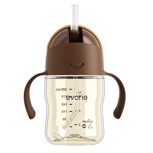 Evorie Tritan Weighted Straw Sippy Cup with Handles for Baby and Toddlers, Spill Proof Baby Water Bottle with Straw for 6 months and up, 7 Oz, Infant Training Water Bottle (Brown)