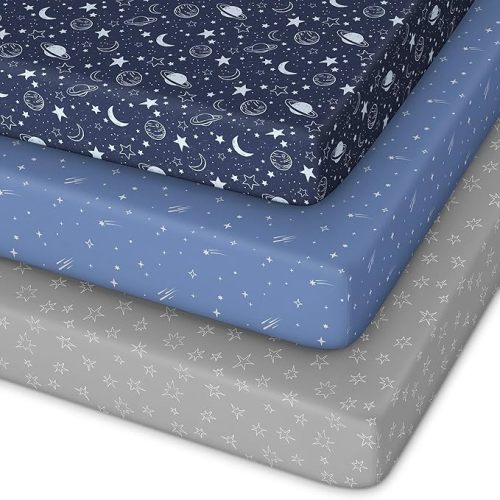 Pack and Play Sheets Fitted 3 Pack, Mini Crib Sheets for Pack N Play Mattress Stretchy Portable Playard Sheets, Soft Breathable Blue Gray Planet