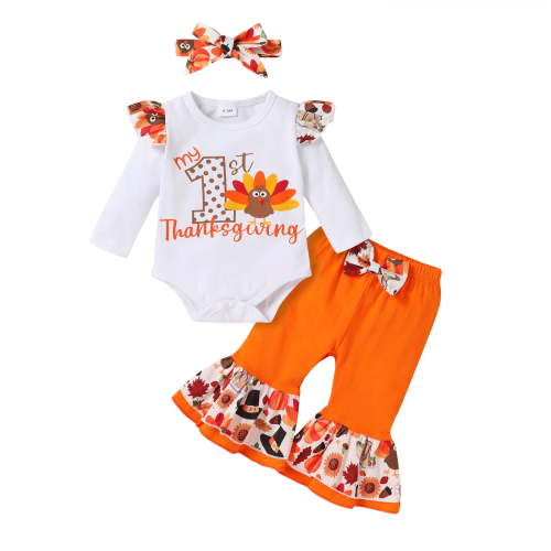 Younger Tree Thanksgiving Baby Girl Outfit My 1st Thanksgiving Romper Turkey Flared Pants+Headband 3Pcs Clothes Set for 0-3 Months