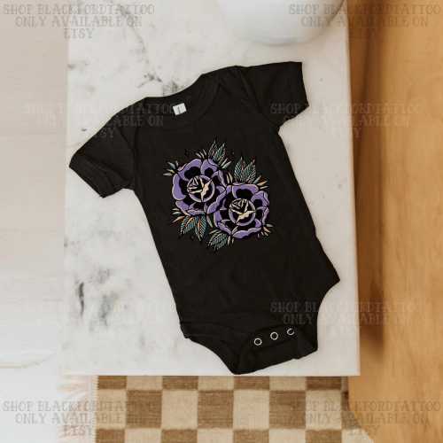 Purple Rose Tattoo Baby Bodysuit Unisex Goth Baby Clothes Grunge Emo Traditional Tattoo Baby Shower Gift Gothic Gender Neutral Shirt Punk
