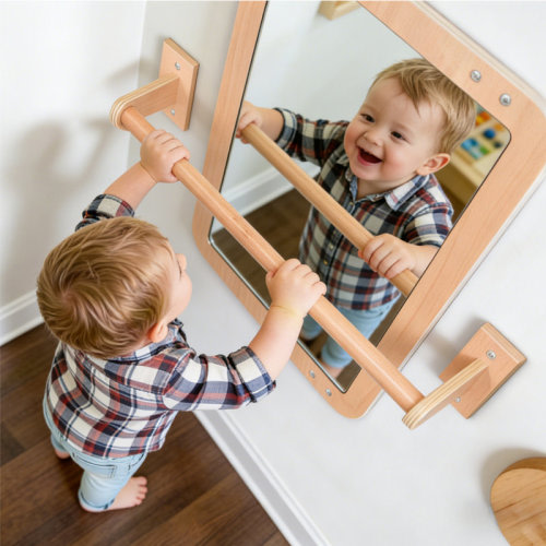 George Oliver 2-in-1 Baby Montessori Shatterproof Safety Mirror w/ Wooden Pull Up Bar, Infant Exploration Furniture for 6-18 Months | Wayfair