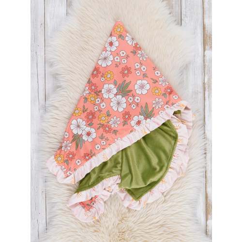 Peach & Green Daisy Garden Ruffle Minky Blanket