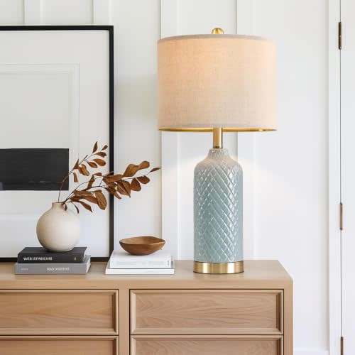 24.25" Table Lamp Modern Ceramic Blue Lamps for Living Room Bedroom Bedside | Table Lamps for Night Stands Coastal Bedside Lamps, Boho Nightstand Lamp Side End Table Lamp, Reading Nursery Lamp Home Gifts