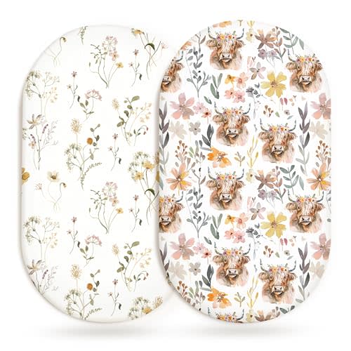 Bassinet Sheets for Baby Girls Boys 2 Pack, Fitted Baby Mattress Sheet for Rectangle, Oval, Hourglass Bassinet Mattress, Breathable Cozy & Universal Fit (Cottage Cow, Bassinet Sheet)