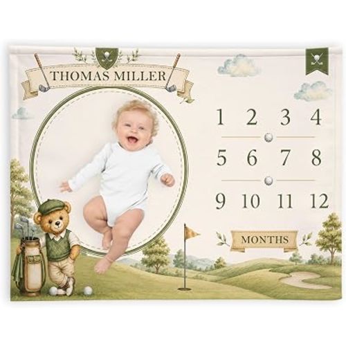 Personalized Golf Milestone Blanket, Vintage Golf Course Teddy Bear Theme, Custom Name Baby Boy Monthly Growth Tracker, Newborn Photo Prop, First Year Keepsake Nursery Gift