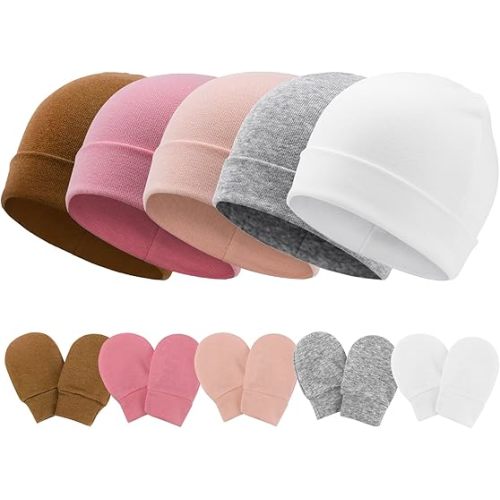 AQOKKA Baby Hats and Mittens Set Toddler Cotton Beanie Infant Cap No Scratch Gloves Newborn Hospital Hats