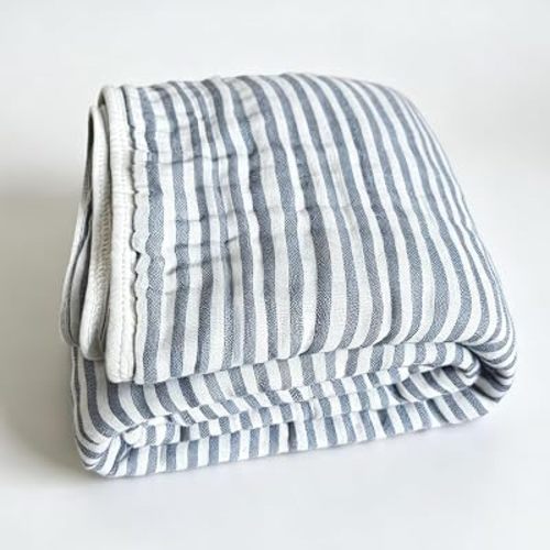 SANACYNA Cotton Muslin Swaddle Blanket for Nweborn Toddler Blue Striped