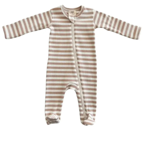 Organic Ribbed Zip Footie - Tan Stripe