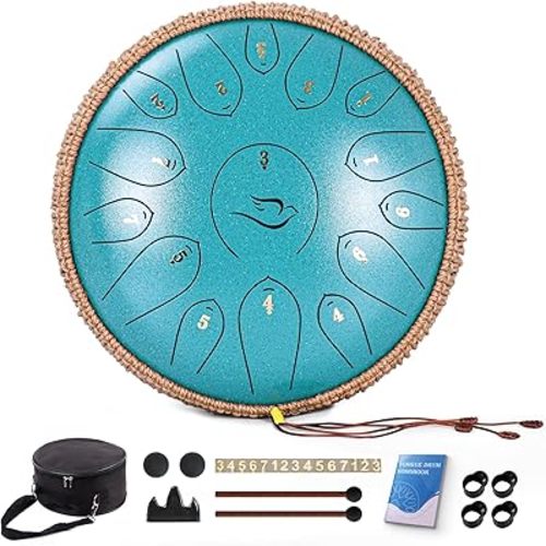 Steel Tongue Drum, 12 Inch 15 Note Tongue Drums, Handpan Drums Percussion Instrument for Kids & Adults, Hand Pan Drum with Music Book, Drum Mallets and Carry Bag, Major C (Malachite Green)