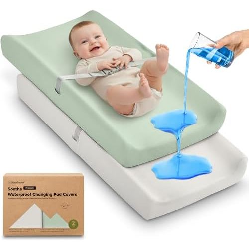 2-Pack Waterproof Changing Pad Covers Boy, Girl – 32x16 Soft Cotton Baby Changing Table Cover, Wipeable Diaper Change Pad Sheets, Contour Baby Diaper Change Mat Liner for Dresser, Nursery (Sage)