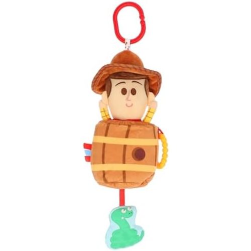 Disney Toy Story Woody in a Barrel Activity Toy with Pull Down Mechanism, Teether, Rattle, Crinkle Snake, and On the Go Clip for Babies