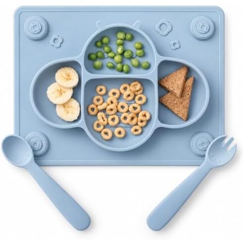 Suction Plates for Baby, Silicone Placemat with Spoon and Fork-Blue