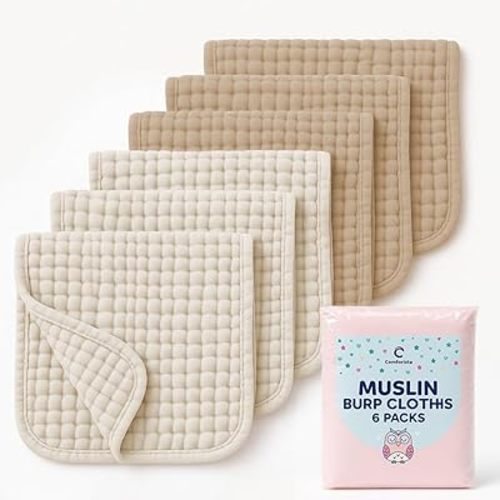 Muslin Burp Cloths Pack of 6, Burp Rags Extra Absorbent & Soft, No Shrinkage or Stains, Large 20"x10", Machine Washable, Organic Burp Cloths Gentle on Baby's Sensitive Skin Brown & Beige