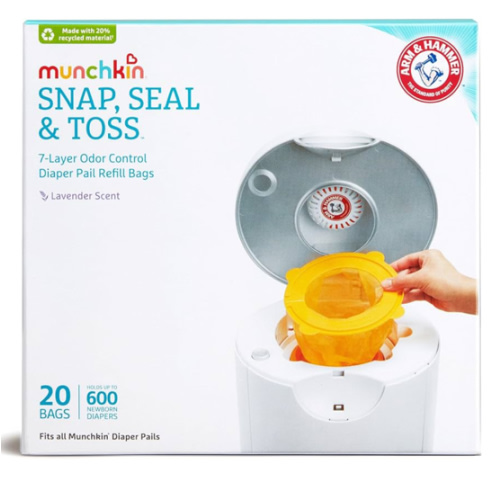 Munchkin® Arm & Hammer Diaper Pail Snap, Seal & Toss™ Refill Bags, Holds up to 600 Newborn Diapers, 20 Pack