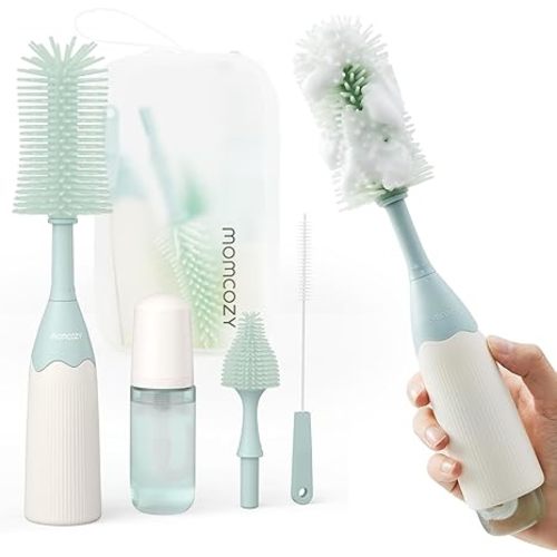 Momcozy Bottle Brush Kit with Push-Press Foam Design - Newborn Essentials Gift, Portable Cleaning Tool for Home & Travel, Baby Bottle Cleaner Brush for Breast Pumps & Nipples, Green
