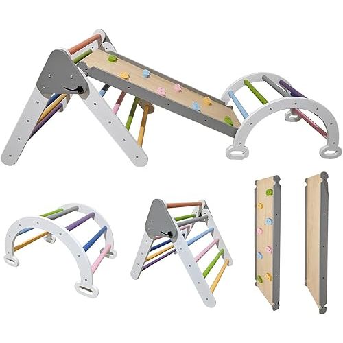 Pikler Triangle Climbing Set for Toddler 7 in 1 Rainbow Indoor Climber Set Foldable Montessori Wooden Climbing Toy with Ramp and Arch Indoor Gyms Playground for Toddlers Kids