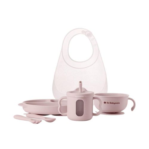 Bc Babycare Baby Toddler Silicone Feeding Set 6 pc Self Feeding Utensils with Plate Bowl Cup Bib Spoon Fork Pink