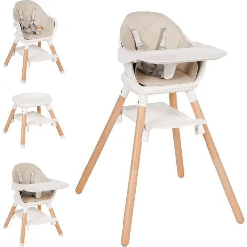 High Chair, 6 in 1 Wooden Convertible High Chairs for Babies and Toddlers, Booster Seat with Double Tray & Reversible Footrest Baby Highchair, 5-Point Harness Baby Feeding Chair, Beige