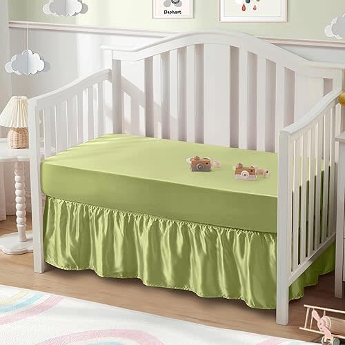SiinvdaBZX 2-Piece Set Satin Crib Sheets & Crib Bed Skirt, 52" x 28" Silky Soft Ruffled Baby Crib Skirt with Adjustable Elastic 14" Drop, Fit for Standard Crib & Toddler Bedding (Sage Green)