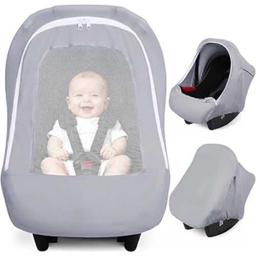 Metplus Car Seat Cover, Breathable Mesh Window Infant Carseat Canopy for Baby Boys & Girls, Summer Stroller Sunshade Net for Airflow & Privacy, Stretchy Universal Fit