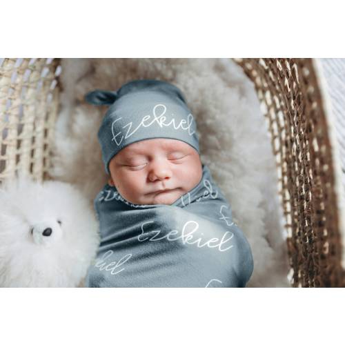 Customized Boy Hat and Blanket / Dusty Blue Baby Name Swaddle Blanket Set / Newborn Beanie Knotted Hat / Baby Shower Gift / Choose Colors
