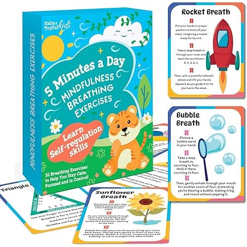 Breathing Cards for Kids – Mindfulness & Calming Corner Kit Must Haves, Yoga & Speech Therapy Materials, Special Education Classroom Office, Social Emotional Learning, Mindful Sensory Play Activities