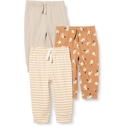 Amazon Essentials Unisex Babies' Cotton Pull-On Pants, Pack of 3, Taupe/Stripe/Lion and Pony, 6-9 Months