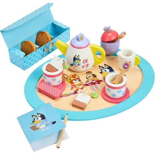 8th Wonder Bluey Toys Wooden Tea Party Set, 18-Piece Durable Toy Tea Set with Tray, Teapot, Teaspoons, and More, Pretend Play for Toddlers of Ages 3+