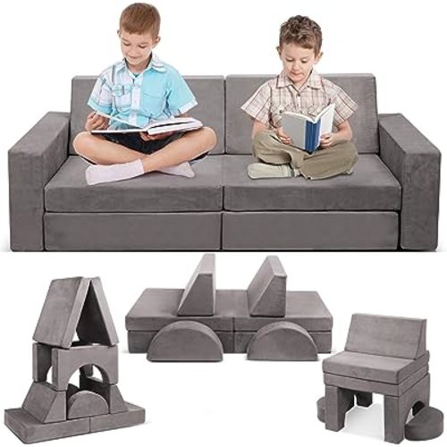 Modular Kids Play Couch, 10PCS Child Sectional Sofa Imaginative Furniture Play Set for Creative Kids, Toddler to Teen Bedroom Furniture, Girls and Boys Playroom Convertible Sofa, Grey