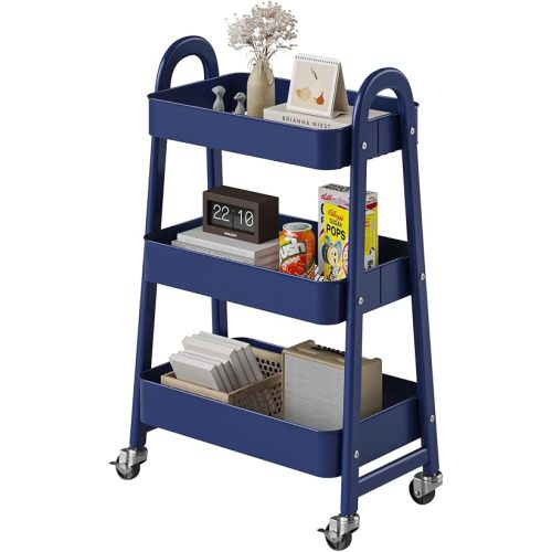 DUMOS 3 Tiers Metal Rolling Utility Cart with Lockable Wheels, Mobile Storage Organizer, Utility Shelving Unit for Kitchen, Office, Bathroom, Laundry, Narrow Places, Dark Blue