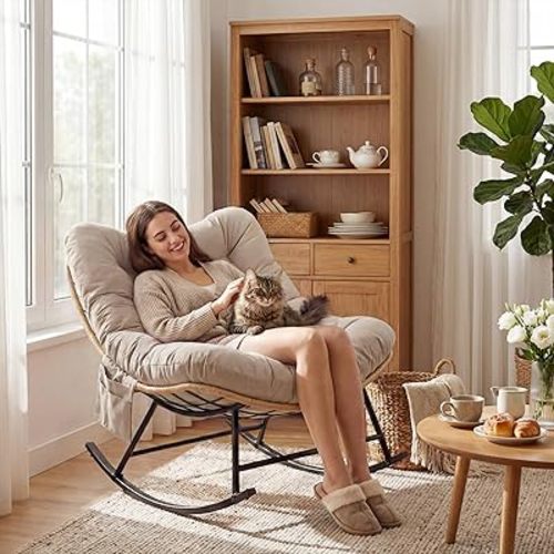 Outdoor Egg Rocking Chair, Indoor Papasan Rocking Chair with Thick Cushion, 450lbs Modern Lounge Rocker for Balcony, Living Room, Bedroom, Porch, Lawn, Garden