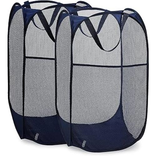 Handy Laundry Collapsible Mesh Pop Up Hamper with Wide Opening and Side Pocket - Breathable, Sturdy, Foldable, and Space-Saving Design for Clothes and Storage (Blue | 2-Pack)
