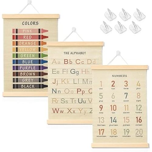 BEZONO Toddler Learning Posters 12x16 Inch (3-Pack) | Wall Decor for Playroom & Nursery, Interactive Learning Posters with ABC, Numbers & Colors - Fun Classroom Decorations