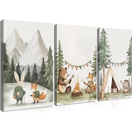 AKWISH Nursery Woodland Animals Canvas Wall Art, Cute brave Bear Fox Rabbit Hedgehog Nursery Wall Decor, Framed Wildlife Camping Picture Prints for Kids Room Baby Bedroom – 12x16in